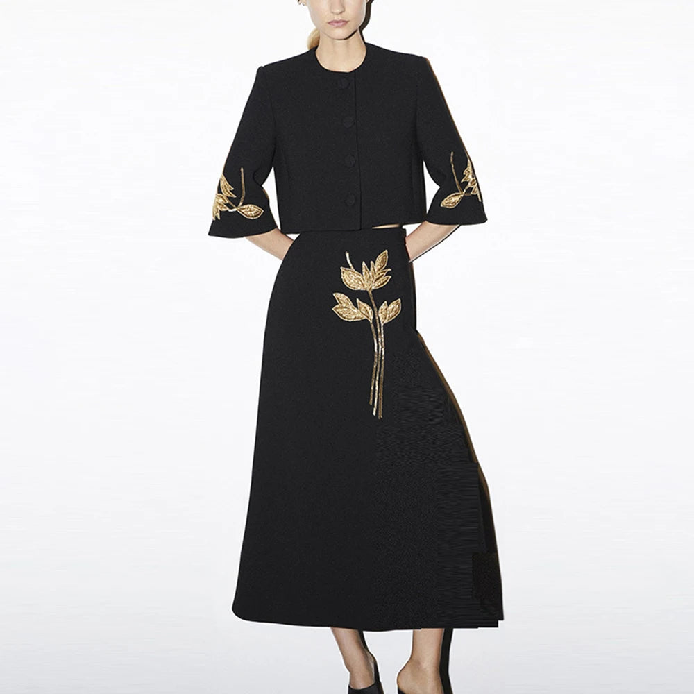HALF SLEEVE COAT and HIGH WAIST MIDI DRESS SET PATCHWORK FLOWERS