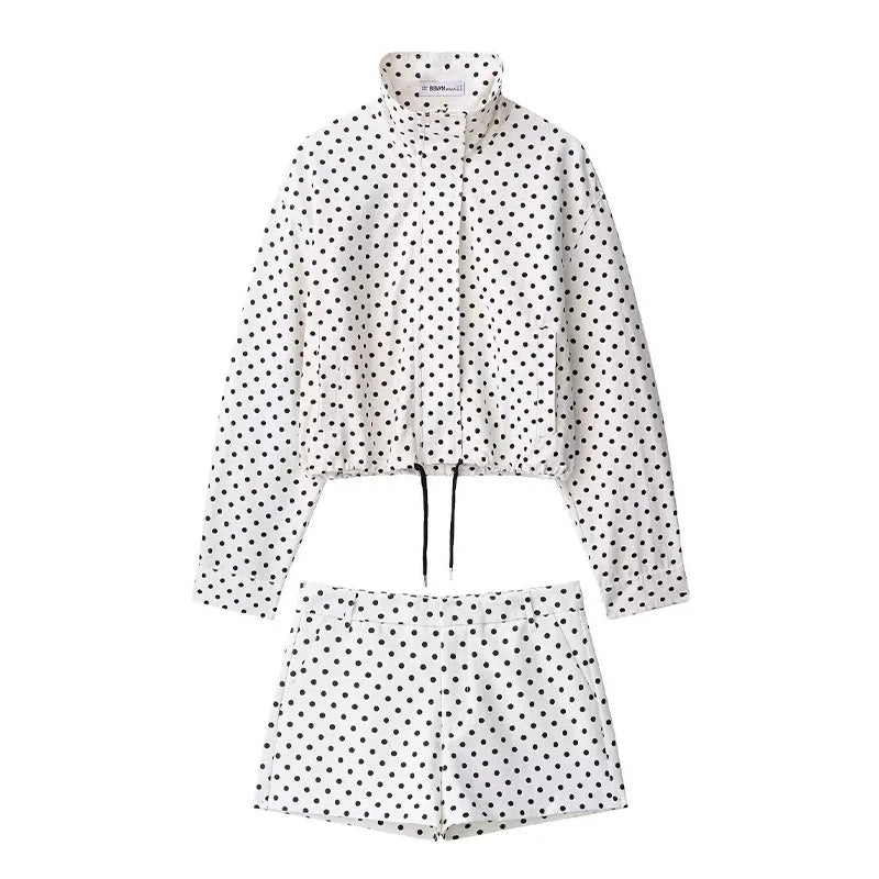 Polka Dot Two Piece Set with High Neck Jacket and Matching Pants or Shorts