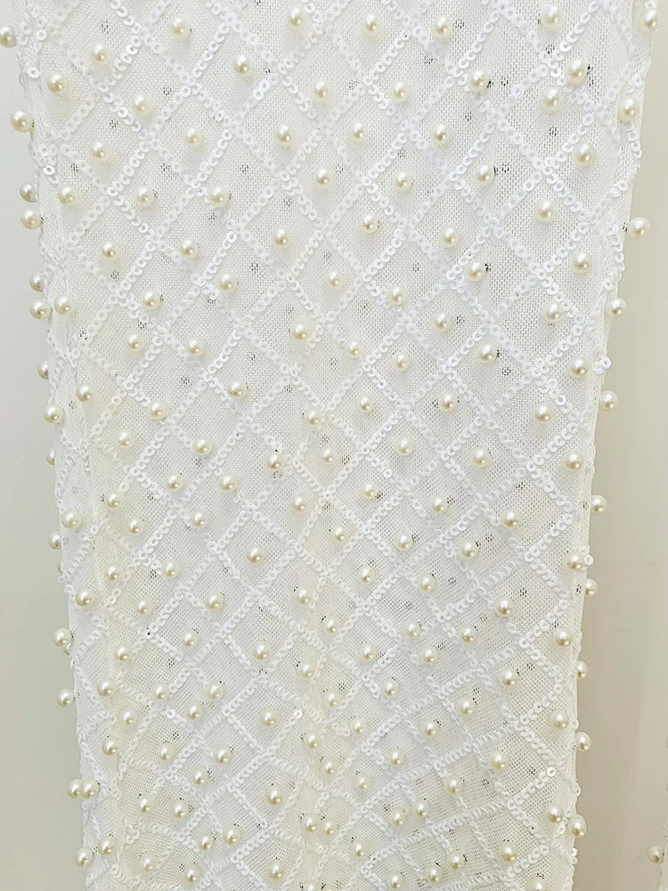HOLLOW OUT FLOWERS APPLIQUES PEARLS BEADED BLAZER GAUZE PANTS