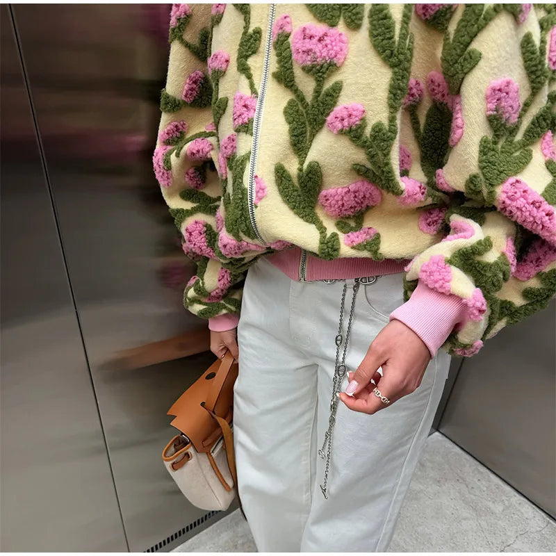 3D Floral Bomber Jacket for Women – Oversized Zip-Up Spring Statement Outerwear