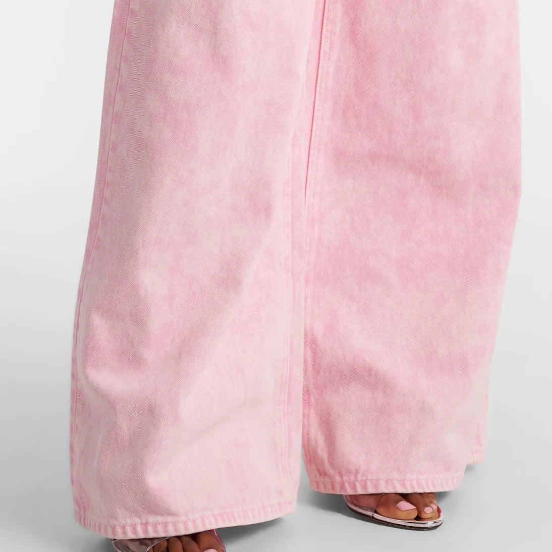 Pink High Waist Wide Leg Denim Trousers with Rhinestone Cut-Out