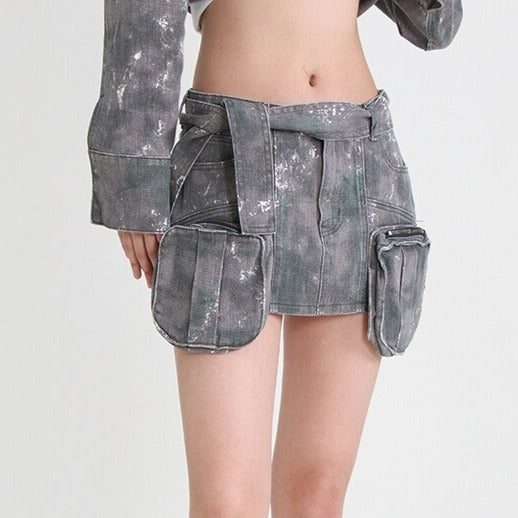 CATALINA MINI GREY DENIM SKIRT with BIG POCKETS