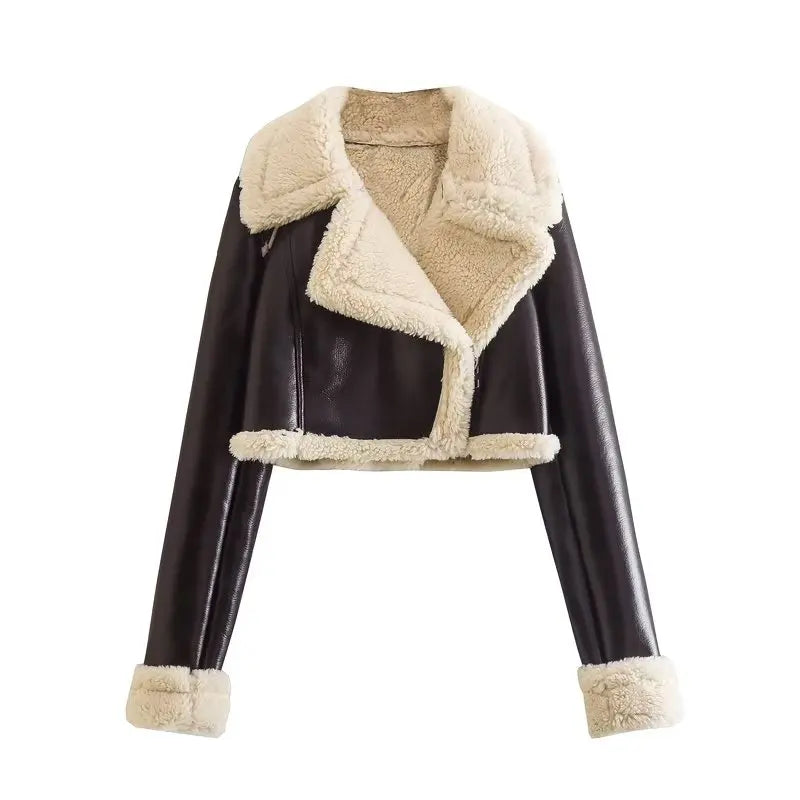 Cropped Faux Leather Jacket with Sherpa Collar – Women’s Short Winter Jacket