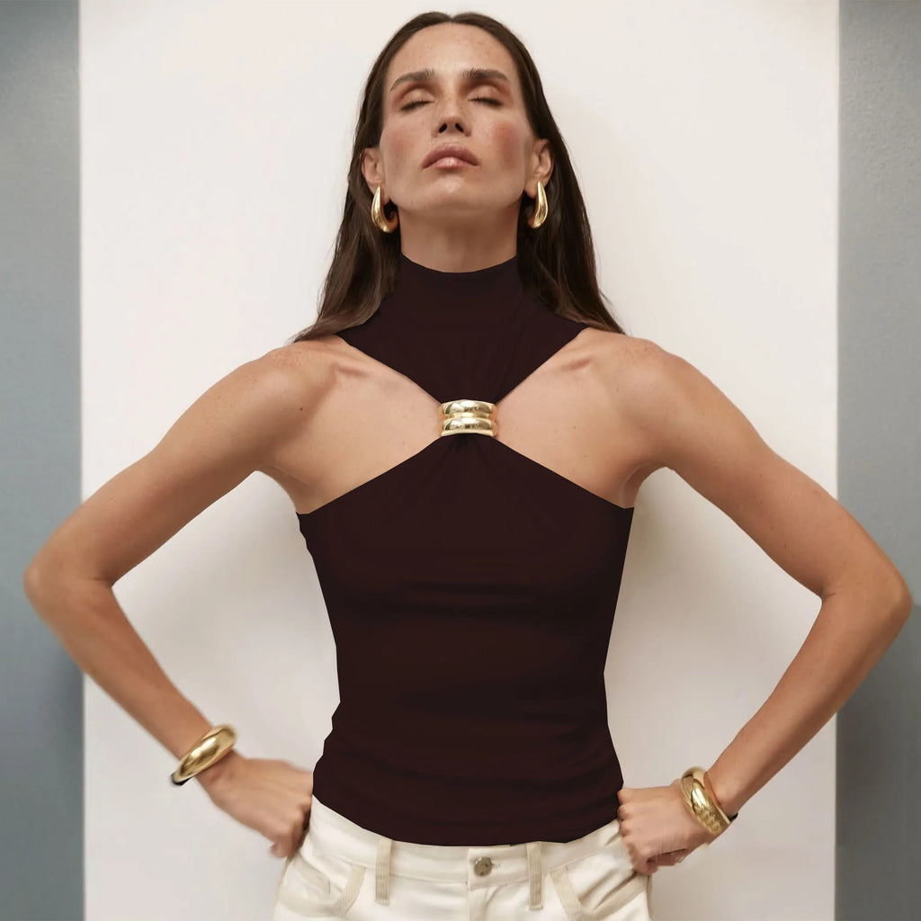 Halter Turtleneck Knit Top with Gold Ring Detail