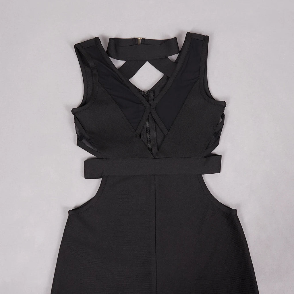 MESH HOLLOW OUT BODYCON BANDAGE MAXI DRESS