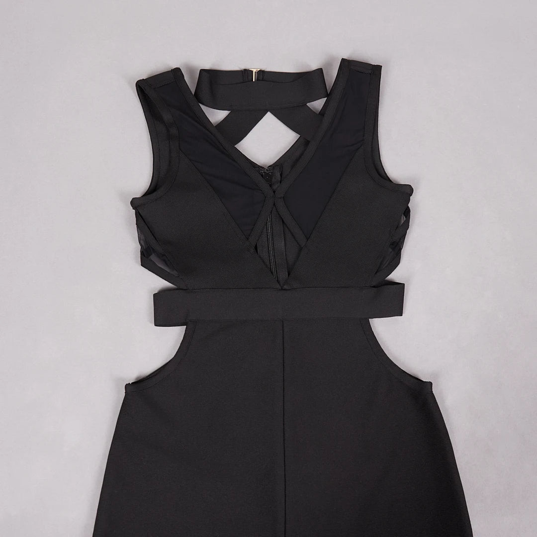 MESH HOLLOW OUT BODYCON BANDAGE MAXI DRESS
