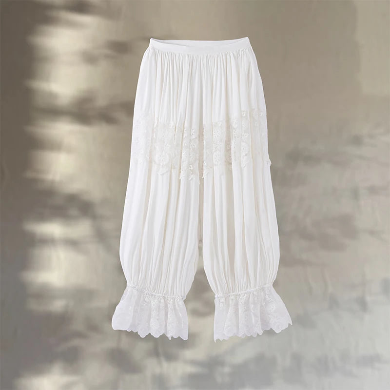 White Lace High Waist Beach Bloomers – Summer Holiday Embroidered Capri Pants