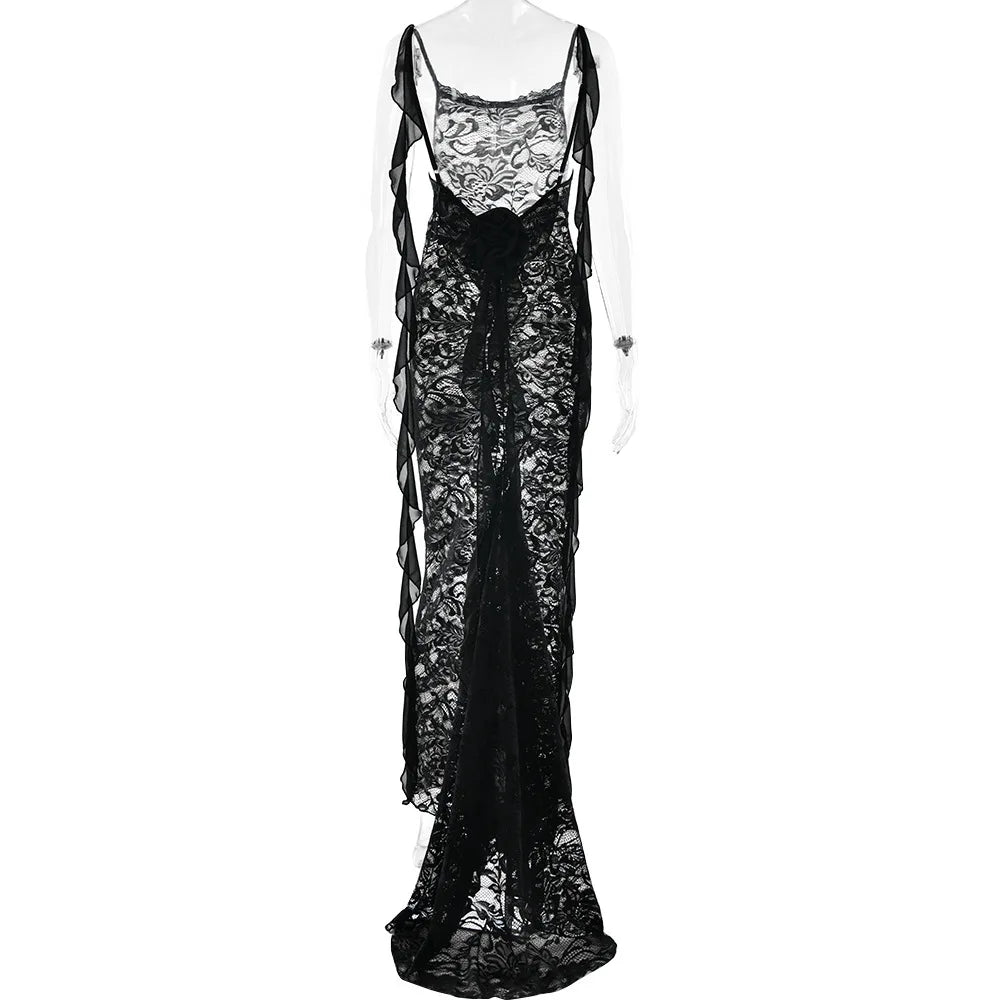 LACE BACKLESS TRAILING MAXI DRESS