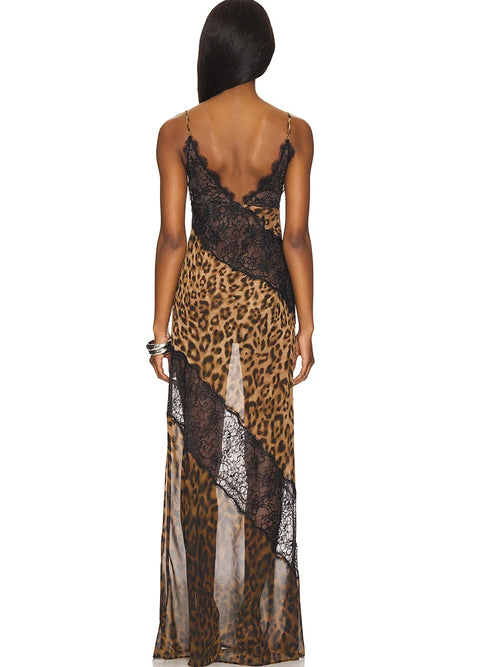Leopard Print Lace Maxi Dress – Sexy Spaghetti Strap See-Through V-Neck Evening Party Dress