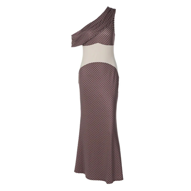 Polka Dot One Shoulder Maxi Dress for Women – Brown Patchwork Bodycon Evening Dress