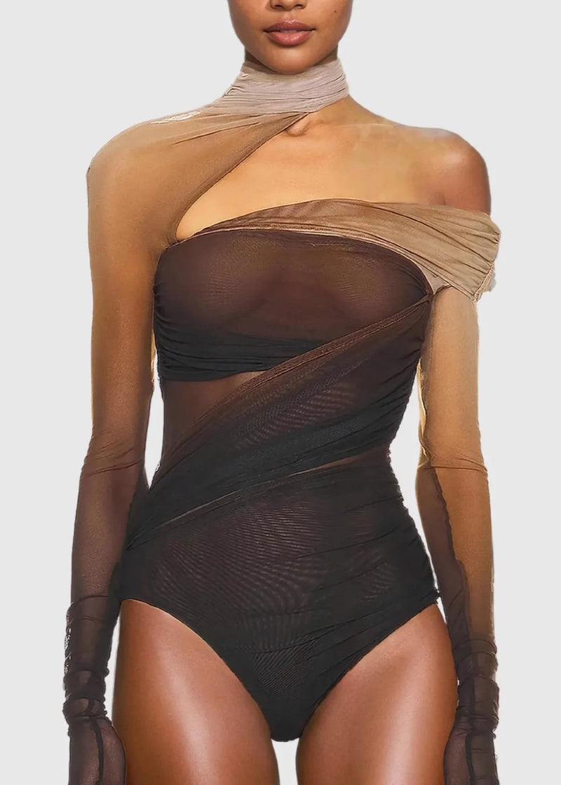 Sexy sheer mesh bodysuit gradient camel off-shoulder asymmetrical neckline.