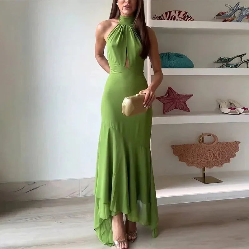 Green Halter Neck Ruffle Long Dress – Elegant Backless Slim Fit Summer Party Maxi Dress