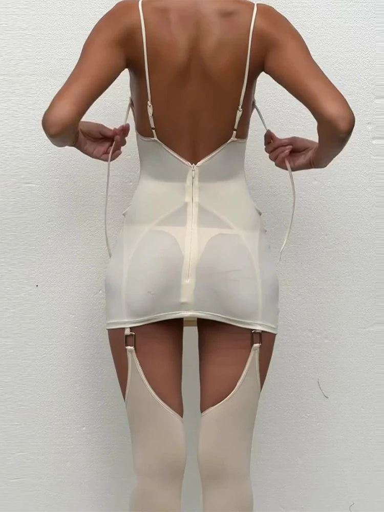 White Mini Dress with Matching Stockings for Women – Backless V Neck Bodycon Party Set
