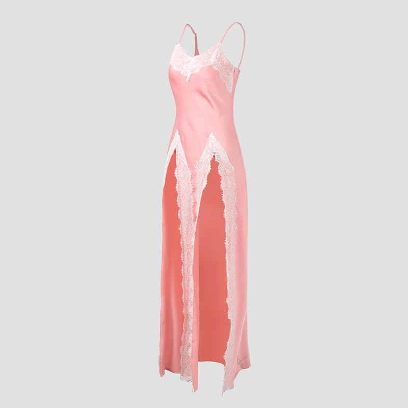 Elegant Pink Satin Lace Dress with High Slits – Summer Evening Gown