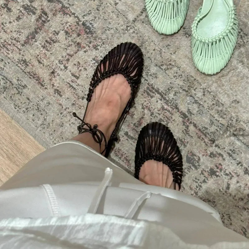 Low heel black woven Roman sandals with lace-up ankle strap for women