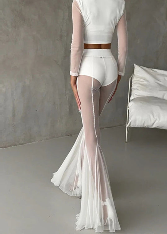 Sheer Flared Pleated Trousers – High Waist Transparent Wide Leg Pants