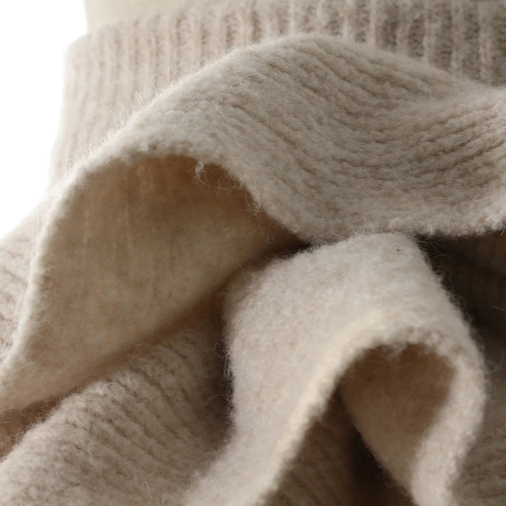 Apricot Three-Piece Set – Long Coat, High Neck Sweater & Ruffled Mini Skirt for Elegant Fall Style