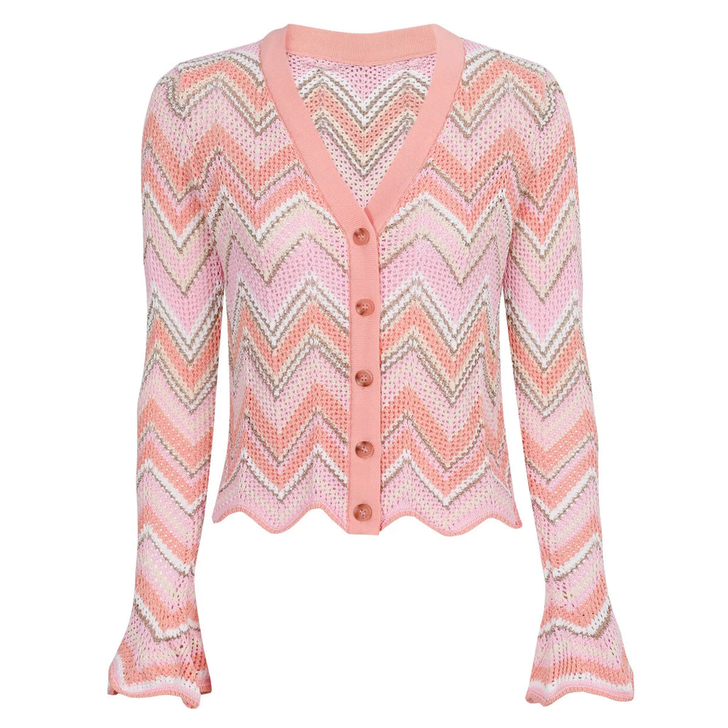 Pink Zigzag Knit Co-Ord Set – Sleeveless Top, Cardigan & Wide-Leg Pants