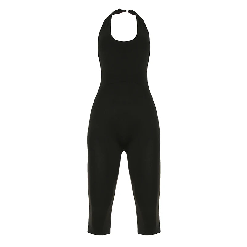 Black Bodycon Backless Halter Neck Jumpsuit – Sexy Sleeveless Summer Romper for Women