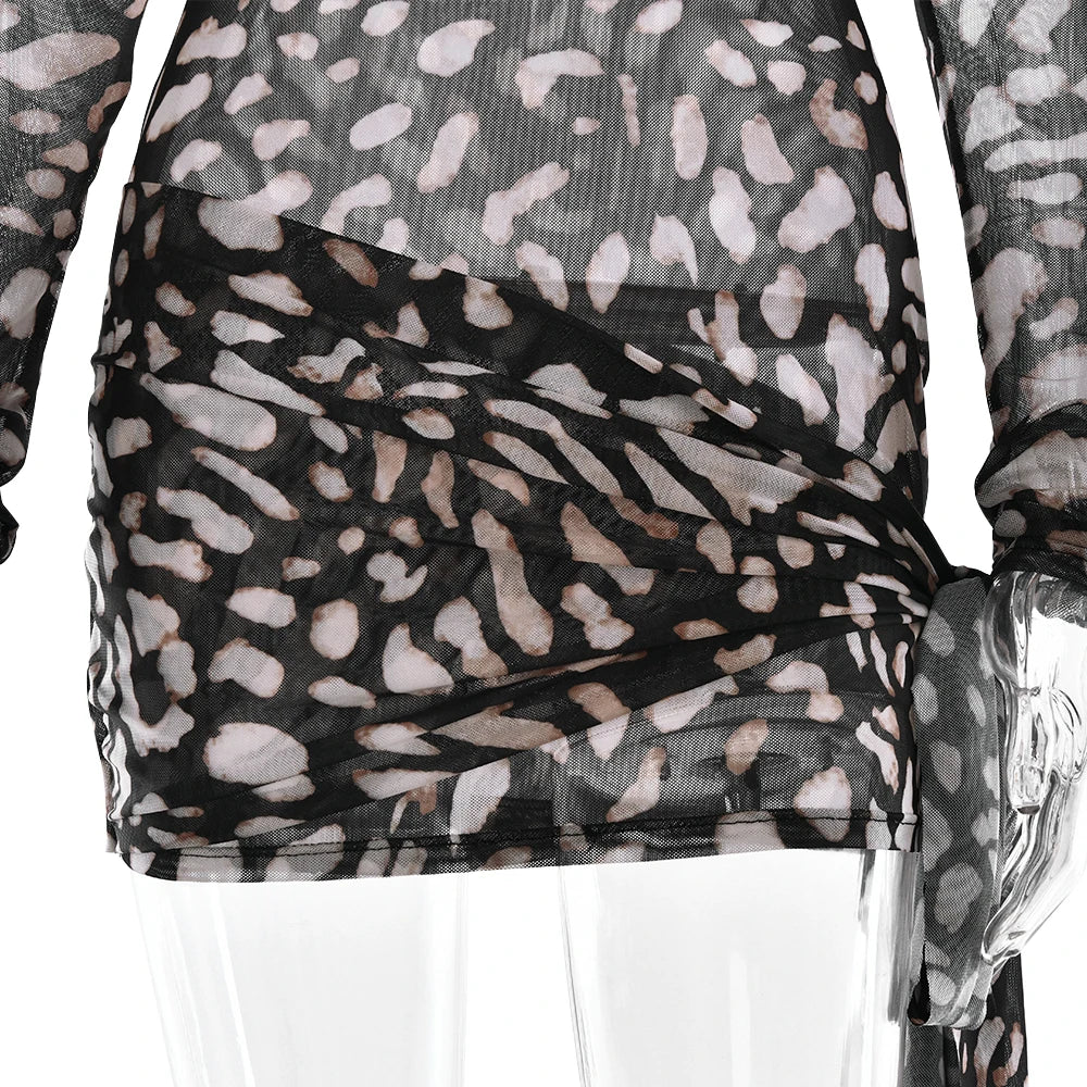 LEOPARD PRINT LONG SLEEVE MINI DRESS with TRAIN