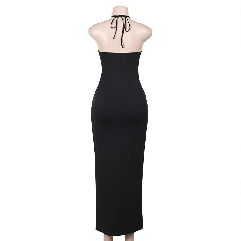 HOLLOW OUT NECK HANGING SLIT MESH BLACK MIDI DRESS