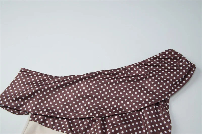 Polka Dot One Shoulder Maxi Dress for Women – Brown Patchwork Bodycon Evening Dress