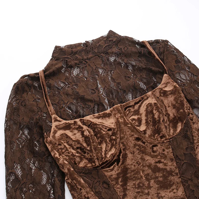 LACE MESH LONG SLEEVE MINI DRESS