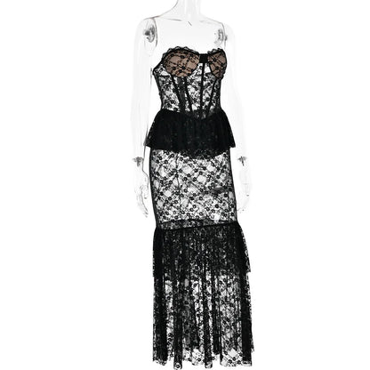 LACE  RUFFLE EDGE MAXI DRESS