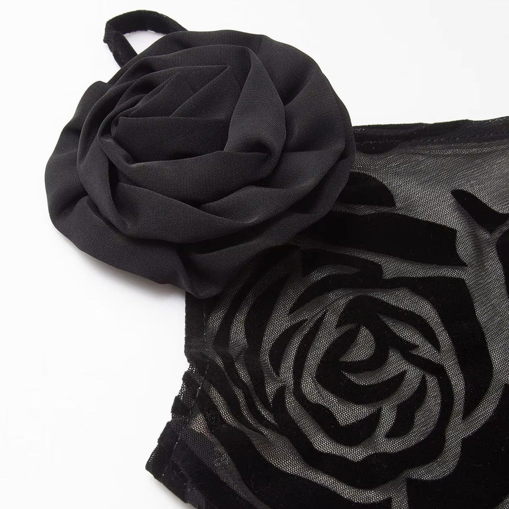 ONE SHOULDER BLACK ROSES MAXI DRESS