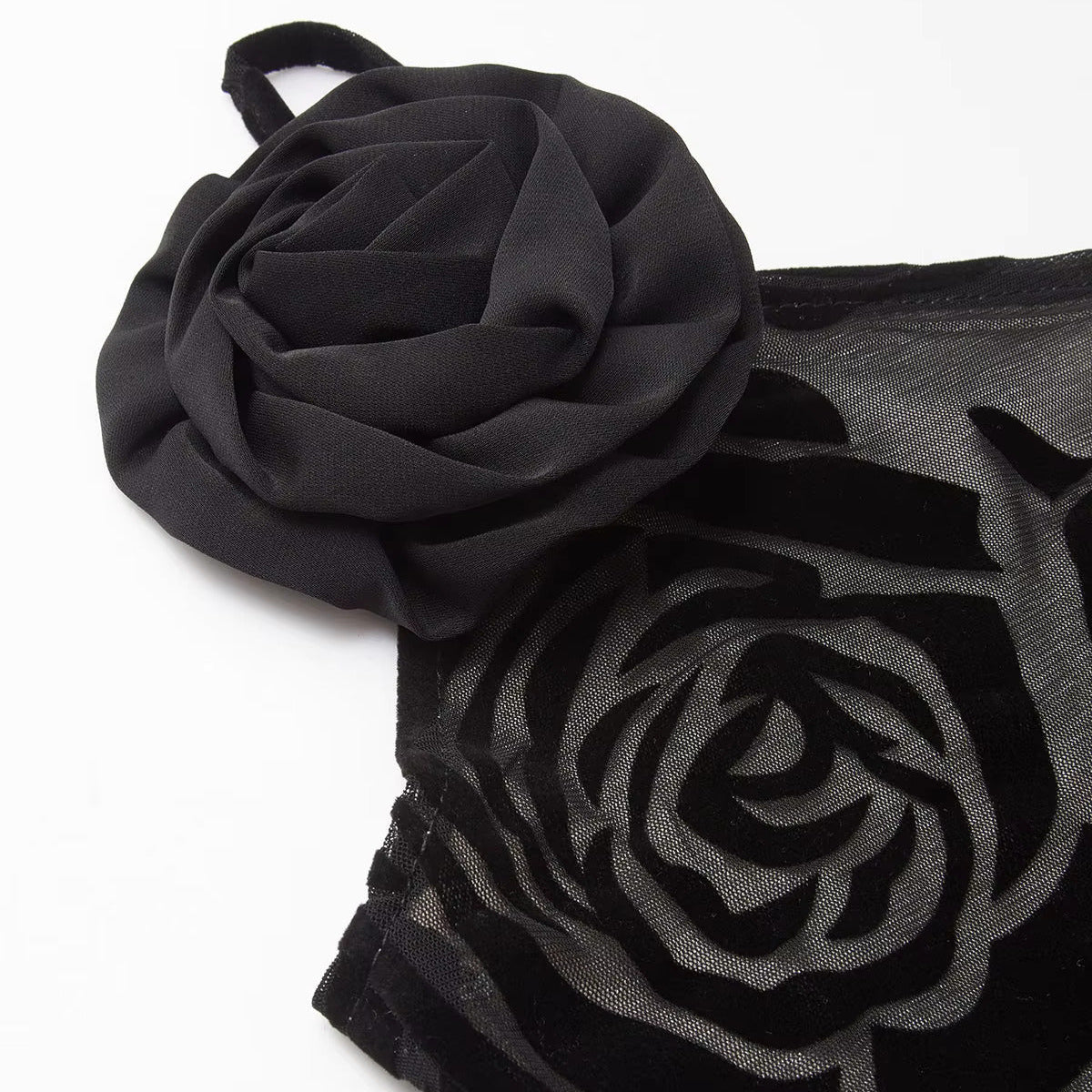 ONE SHOULDER BLACK ROSES MAXI DRESS