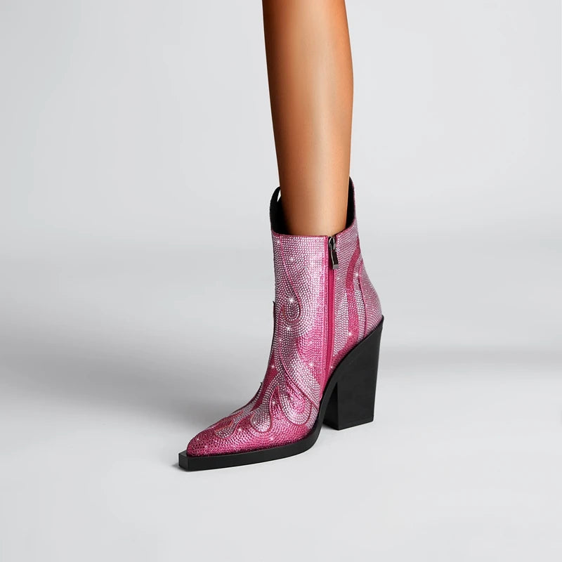 FLAME SHAPE SHORT BOOTS THICK HEEL decorated with CRYSTALS