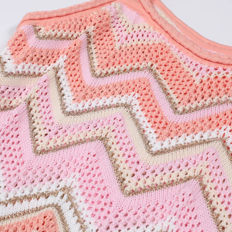Pink Zigzag Knit Co-Ord Set – Sleeveless Top, Cardigan & Wide-Leg Pants