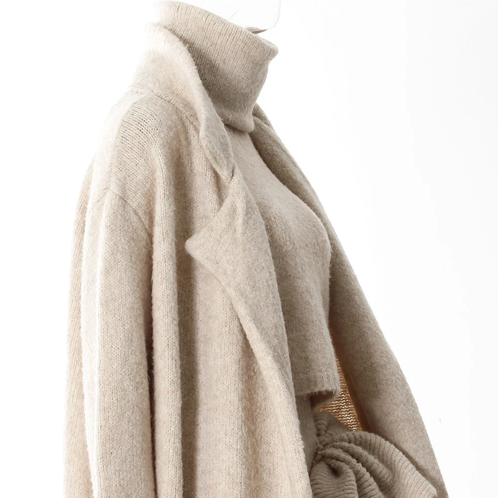 Apricot Three-Piece Set – Long Coat, High Neck Sweater & Ruffled Mini Skirt for Elegant Fall Style