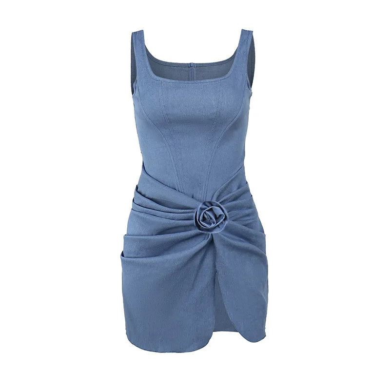 FLOWER BOW DENIM MINI DRESS