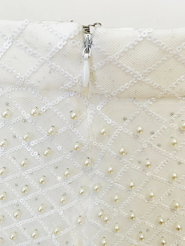 HOLLOW OUT FLOWERS APPLIQUES PEARLS BEADED BLAZER GAUZE PANTS