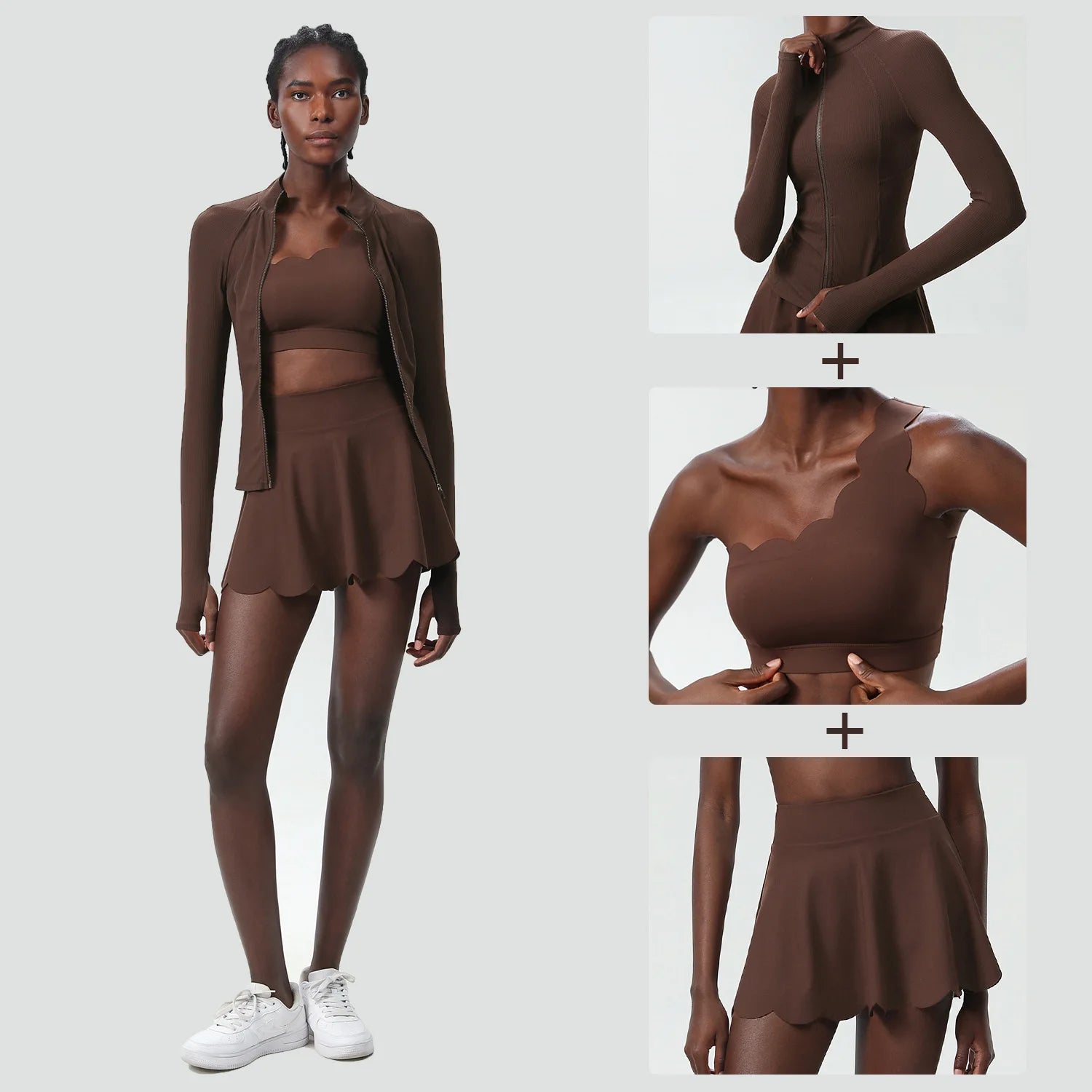 3 Piece Women’s Fitness Yoga Set – Quick Dry Gym Outfit with Sports Bra, Skirt & Cover Top