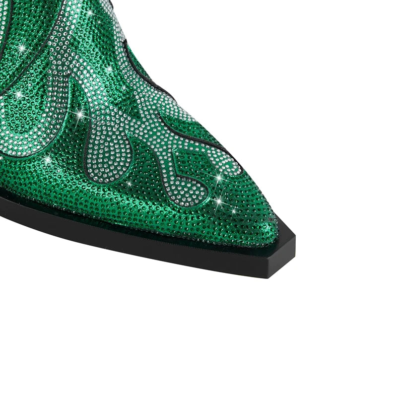FLAME SHAPE SHORT BOOTS THICK HEEL decorated with CRYSTALS