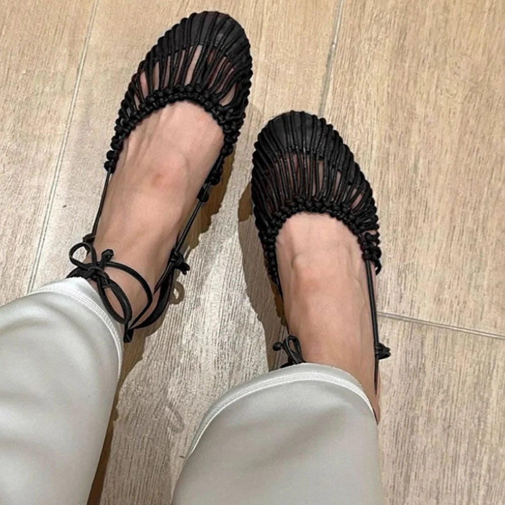 Low Heel Woven Roman Sandals with Ankle Strap – Summer Casual Flat Shoes for Women