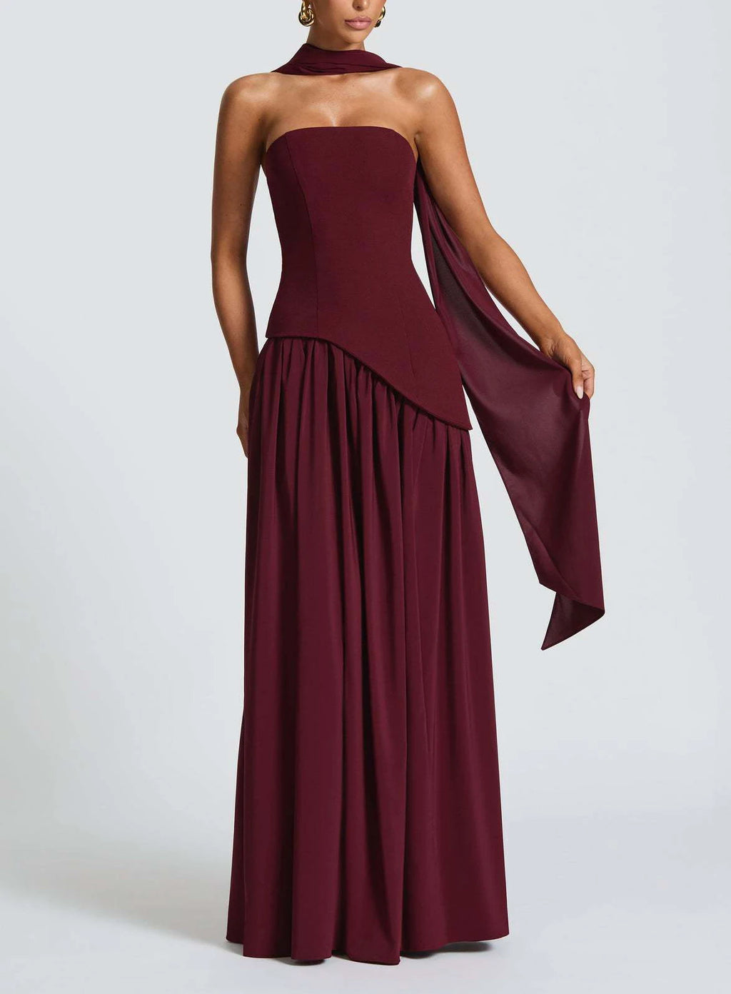 Strapless Pleated Maxi Dress with Scarf Detail and High Slit for Women