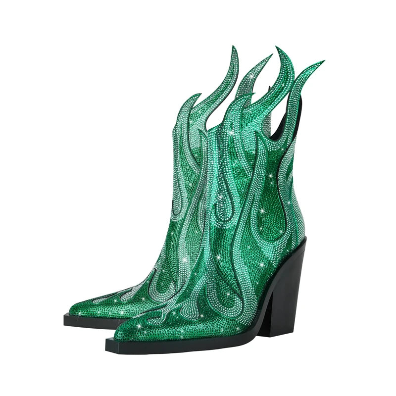 FLAME SHAPE SHORT BOOTS THICK HEEL decorated with CRYSTALS