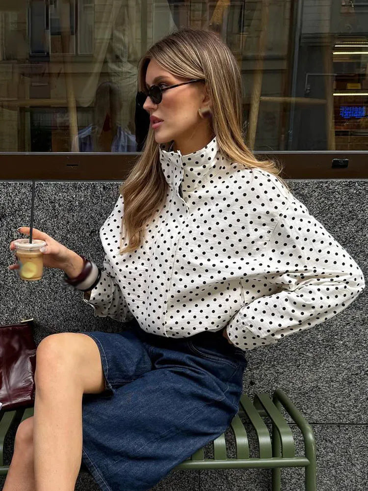 Polka Dot Two Piece Set with High Neck Jacket and Matching Pants or Shorts