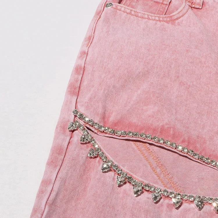Pink High Waist Wide Leg Denim Trousers with Rhinestone Cut-Out