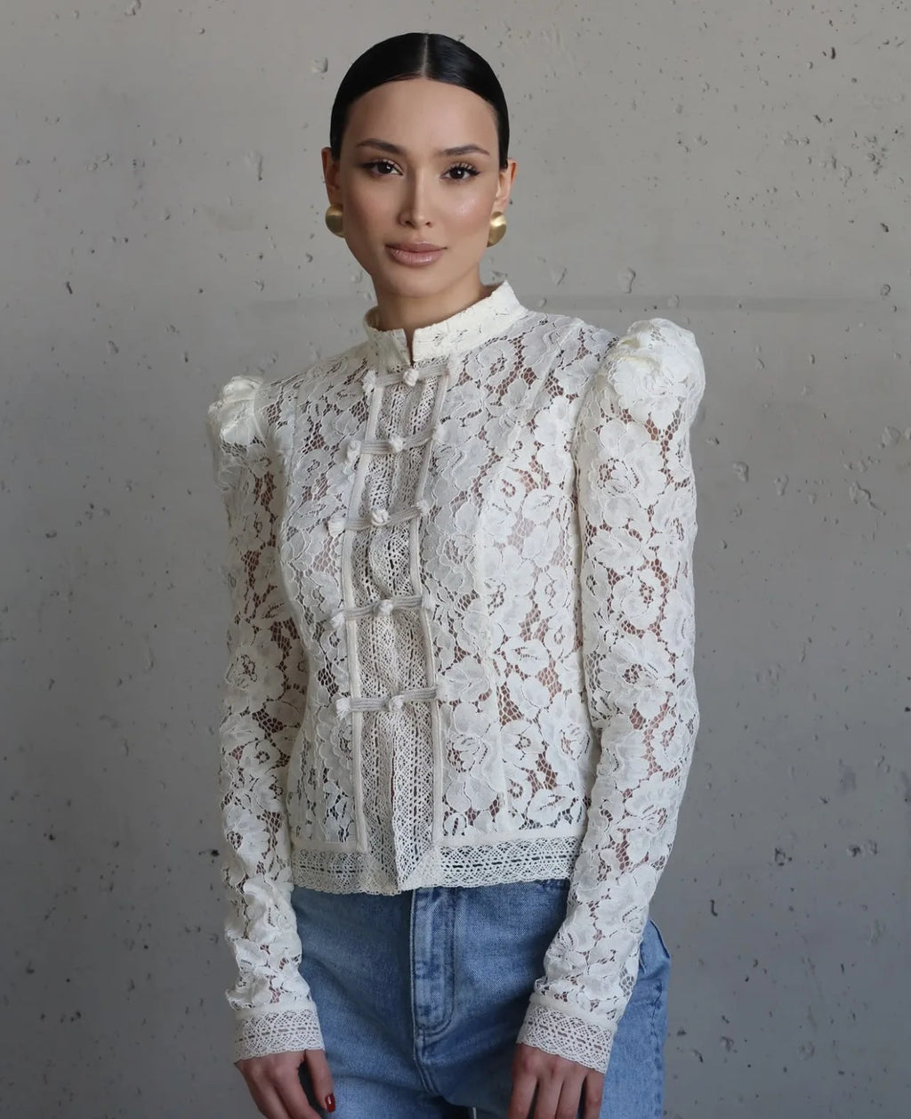 Vintage Sheer Lace Blouse for Women | Long Sleeve See-Through Top with High Neck