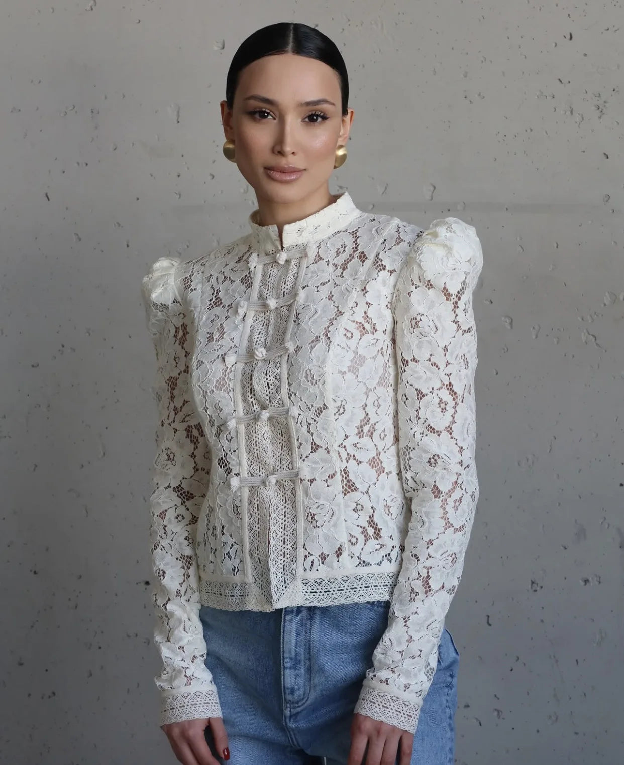 Vintage Sheer Lace Blouse for Women | Long Sleeve See-Through Top with High Neck
