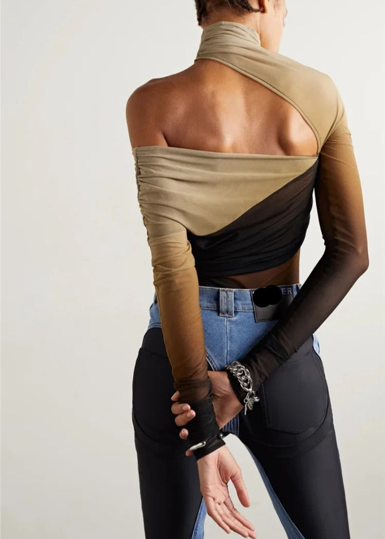 Sheer asymmetrical mesh bodysuit top with long sleeve fashion design.