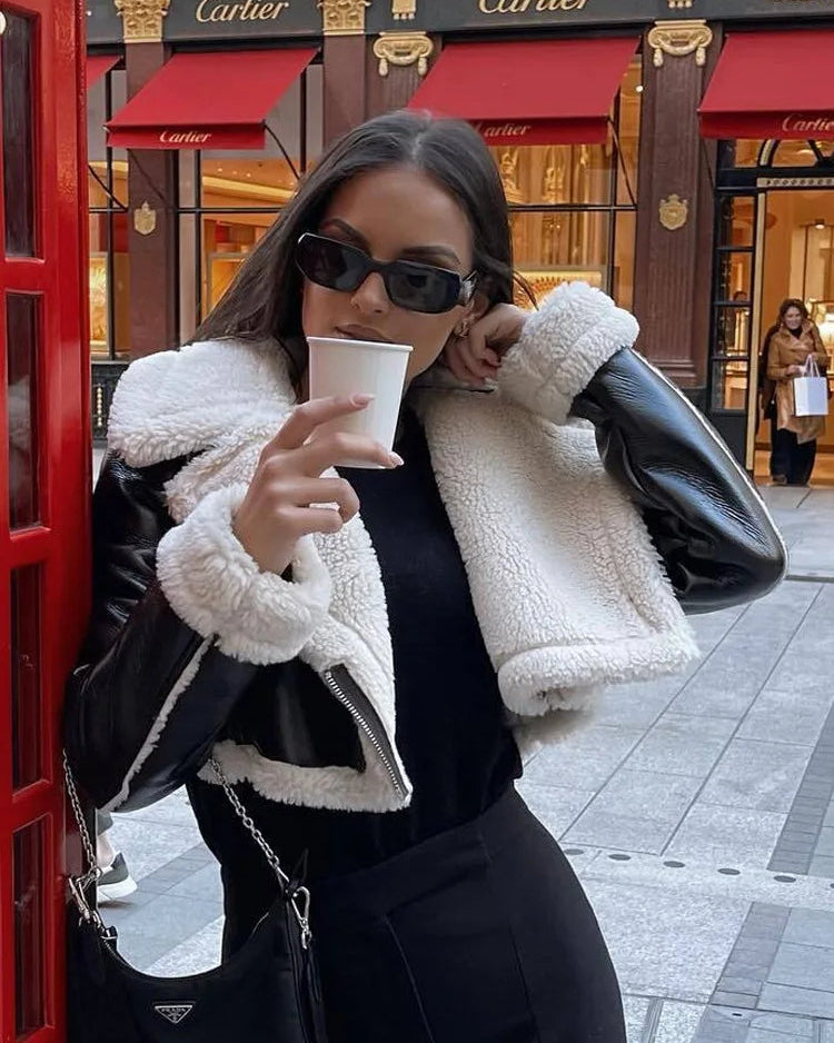 Cropped Faux Leather Jacket with Sherpa Collar – Women’s Short Winter Jacket