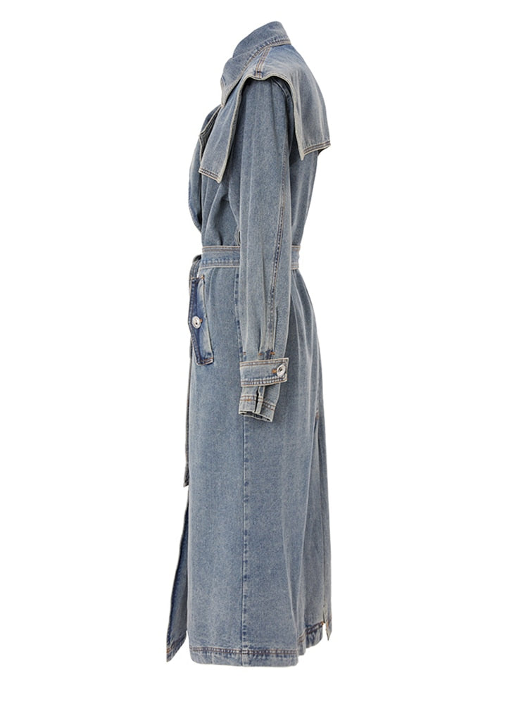 Denim Trench Coat with Belt – Women’s Long Denim Trench Coat