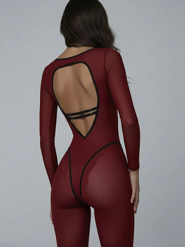 Backless Long Sleeve Jumpsuit – Elegant Square Neck, Sporty Striped One-Piece for Women