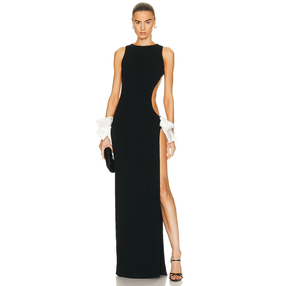 AISHA DOUBLE SIDE SLIT BOWS MAXI DRESS
