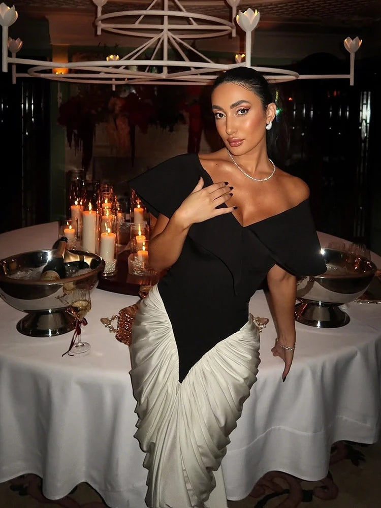 Slim fit off-shoulder long dress with ruched waistline and sculpting silhouette
